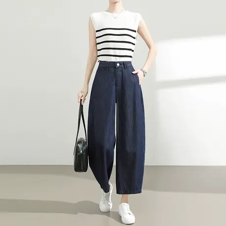 阔腿弯刀牛仔裤女夏季薄款高腰宽松显瘦直筒小个子九分萝卜哈伦裤商品大图