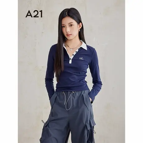 A21女装宝蓝半开翻领T恤2024秋季新款简约休闲设计感撞色打底上衣图片