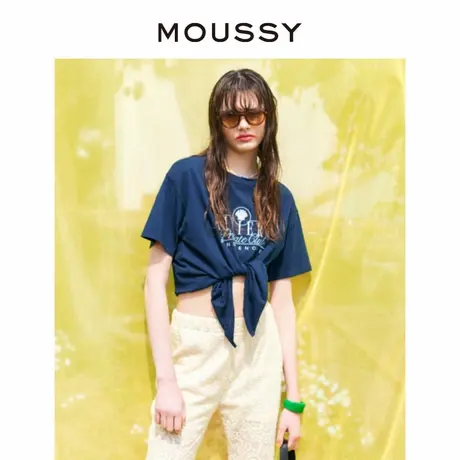 MOUSSY 甜美风字母刺绣宽松圆领纯棉落肩短袖T恤女010GSQ90-图片