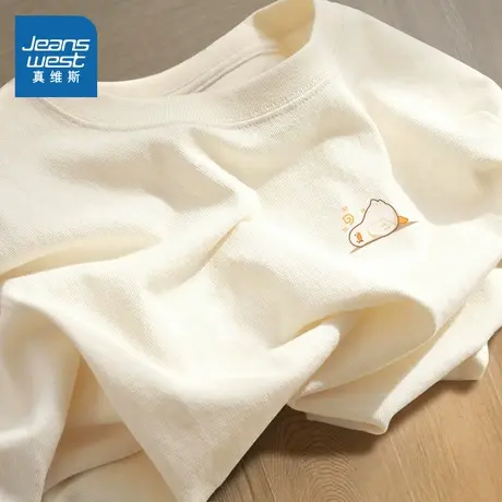 KMV真维斯杏色短袖t恤女2025新款夏季宽松休闲显瘦大码打底上衣潮商品大图