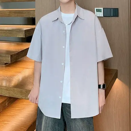 冰丝衬衫男夏季2025新款休闲美式翻领寸衫大码宽松潮牌简约衬衣服商品大图