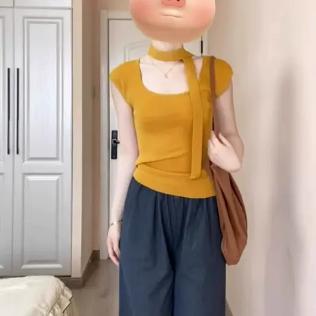 法式气质方领冰丝针织正肩短袖T恤女夏季设计感修身独特漂亮上衣商品大图