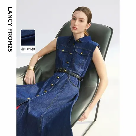 朗姿纯棉牛仔翻领无袖高腰a字蓝色连衣裙2025年夏季新款中长款裙商品大图