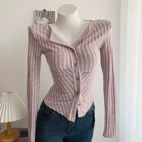 纯欲风翻领长袖针织开衫女2023早秋新款修身显瘦气质上衣商品大图