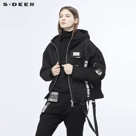 sdeer圣迪奥个性面料拼接人像装饰飘带字母点缀羽绒服S18482425商品大图