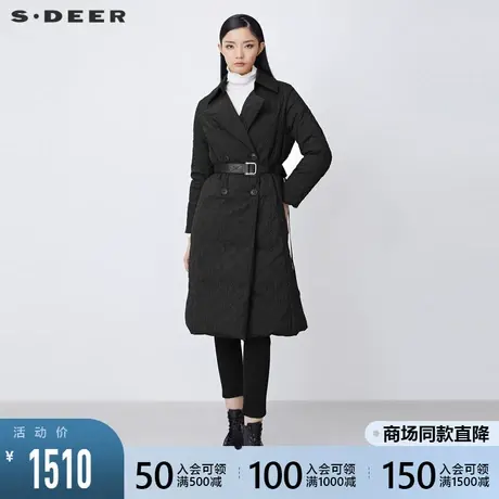 sdeer圣迪奥2021冬装新品翻领双排扣肌理收腰长款羽绒服S21482458商品大图