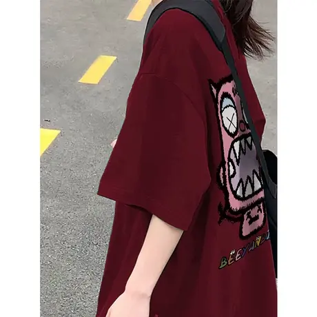 美式复古短袖hiphop潮牌大码纯棉酒红T恤女ins百搭夏季设计感上衣商品大图