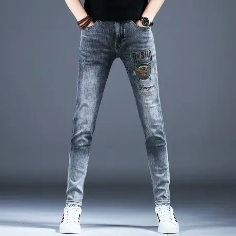 高级灰色撞色刺绣牛仔裤子男款2024新款春秋季小脚修身休闲裤男士商品大图