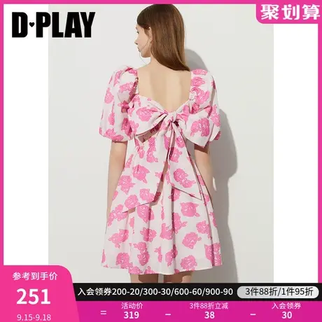 DPLAY2023夏法式夏日少女感粉调剪影绑带蝴蝶结度假裙印花连衣裙商品大图