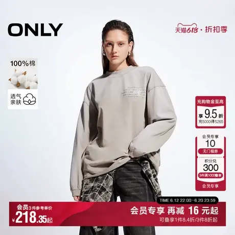 ONLY夏季纯棉休闲字母宽松圆领长袖上衣T恤女|124402003商品大图