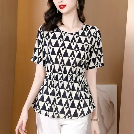 时尚收腰短袖雪纺衫女夏装新款洋气时髦妈妈上衣宽松遮肚子女上衣商品大图