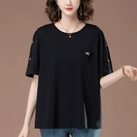 妈妈纯棉短袖T恤女夏季宽松加肥加大码女装中年休闲百搭显瘦上衣商品大图