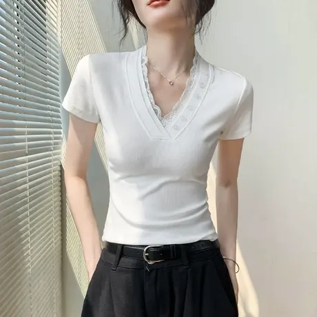 法式蕾丝花边拼接V领短袖t恤女夏季别致性感纯色百搭修身显瘦上衣商品大图