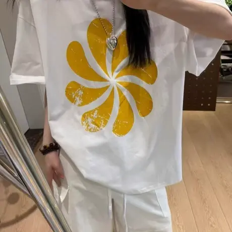 韩国东大门夏季新款宽松百搭休闲花朵印花圆领垫肩短袖T恤上衣女商品大图