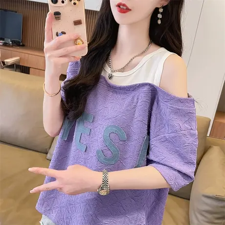 设计感小众短袖t恤女夏季韩版宽松大码个性露肩性感假两件上衣服图片