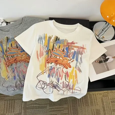 小个子短款短袖T恤女夏季2025新款韩版宽松涂鸦印花半袖上衣潮ins商品大图