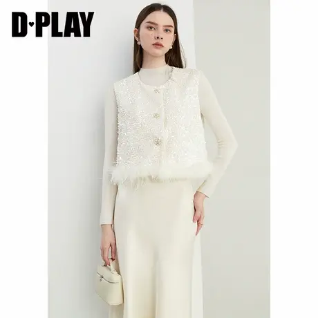DPLAY秋季新中式亮片丝绒马甲国风鸵鸟毛马夹外搭短款外套女商品大图