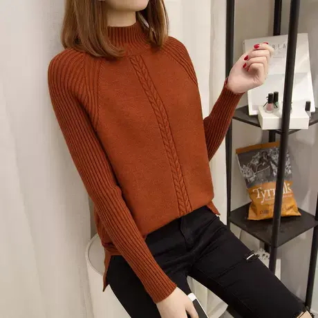新款麻花时尚宽松半高领加厚毛衣女秋冬装洋气上衣打底针织线衫女商品大图