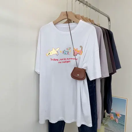 oversize白色短袖t恤女大码胖mm轻熟百搭学生正肩上衣潮牌ins港风图片