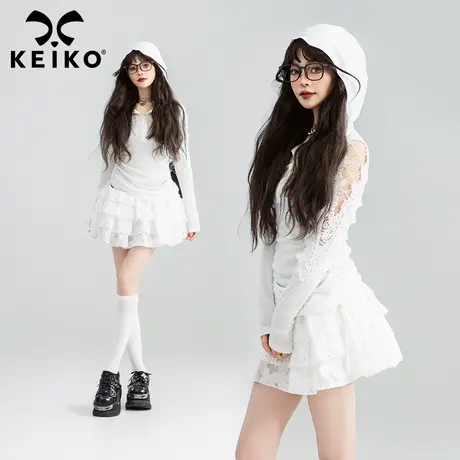 KEIKO 轻盈微透白色抽皱连帽上衣夏季性感蕾丝花边饰薄款防晒t恤图片