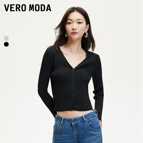 Vero Moda奥莱针织开衫女2025夏季新款V领收腰坑条上衣显瘦纯色商品大图