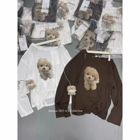 韩国东大门夏季新款宽松可爱狗狗印花斜肩长袖T恤防晒罩衫上衣女商品大图