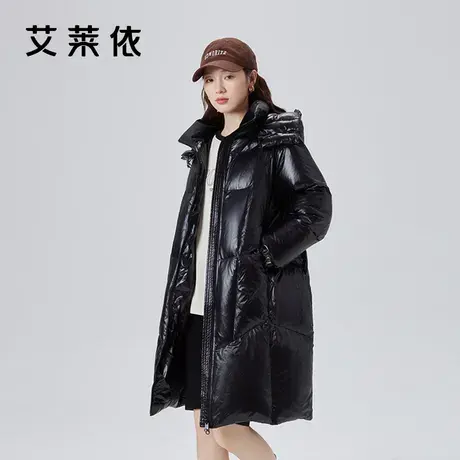 艾莱依亮色羽绒服女2023新款连帽拼色长款宽松时尚高级感冬季外套商品大图