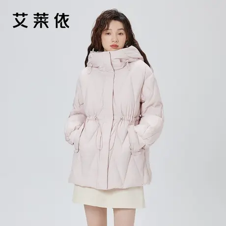 艾莱依连帽羽绒服女2023新款收腰设计感绗缝中长款保暖鸭绒外套冬商品大图