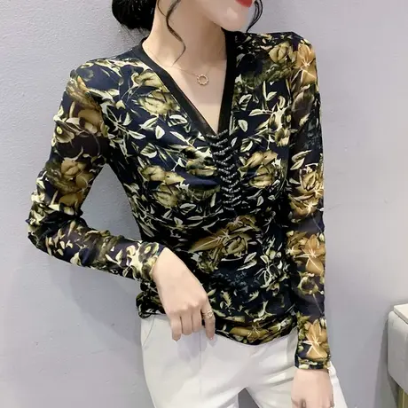 网纱印花打底衫女长袖2024春秋新款时尚钉珠V领上衣复古气质T恤商品大图