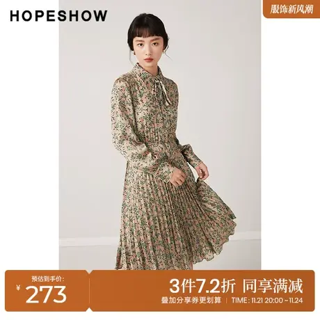 红袖outlets飘带领碎花裙hopeshow2023秋季新款女收腰翻领连衣裙图片