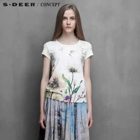 sdeer圣迪奥专柜正品女装夏装彩绘印花短袖圆领短袖T恤S15280135图片
