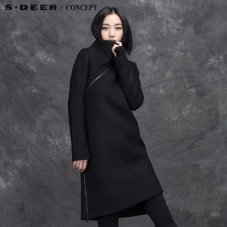 sdeer圣迪奥专柜正品女设计感上下拉链门襟错摆毛呢大衣S15481896图片