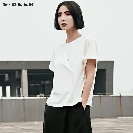 sdeer圣迪奥2019夏装折角蚂蚁印花短款圆领宽松纯色T恤S17280216图片
