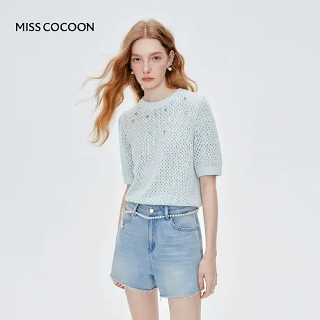 MISS COCOON可可尼轻薄气质蓝色上衣2025夏季新款镂空针织短袖女图片