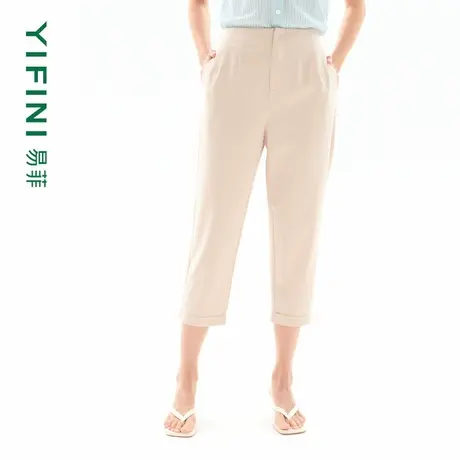[专柜同款]Yifini/易菲杏色仿麻百搭简约时尚锥型裤小脚裤八分裤商品大图