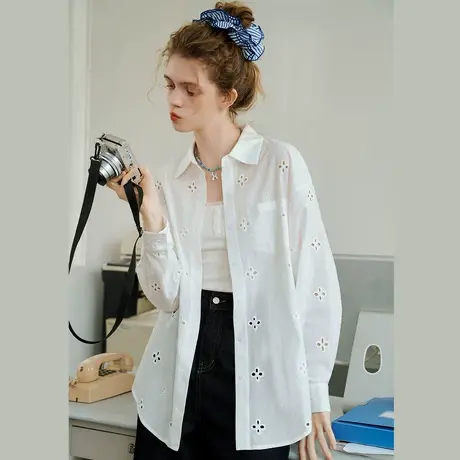 a02【100%棉】绣花镂空休闲衬衣2025春季宽松百搭女式衬衫商品大图