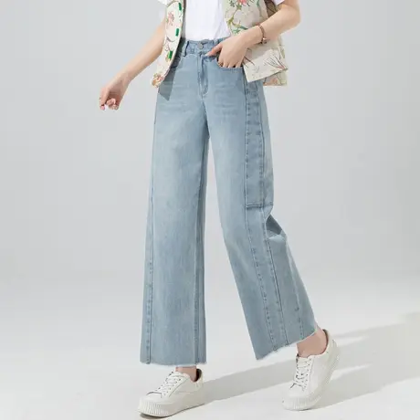浅色天丝阔腿牛仔裤女夏季薄款小个子八分毛边裤子九分冰丝直筒裤商品大图