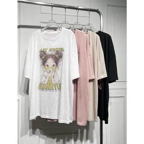 甜美短袖印图舒适竹节棉T恤女2025春夏新款宽松显瘦v百搭中长上衣商品大图