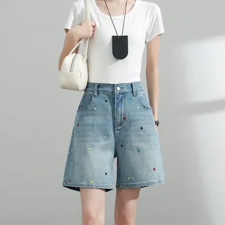 刺绣牛仔短裤女夏季薄款高腰松紧显瘦设计感a字直筒蓝色复古裤子图片