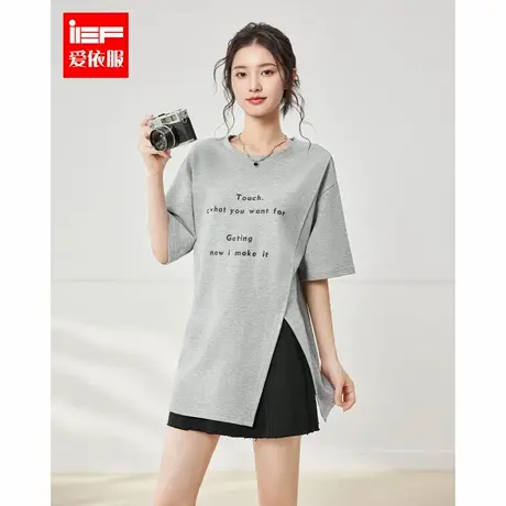 IEF/爱依服2025夏季新款美式休闲风字母印花不规则下摆百搭中T恤图片