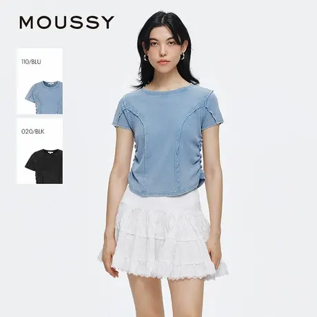 MOUSSY 2025夏季新品捏褶正肩鱼骨做旧短袖修身T恤028ISA90-3841图片