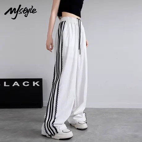MJ STYLE蕾丝条纹运动裤女夏薄2025新款宽松阔腿直筒休闲速干裤商品大图