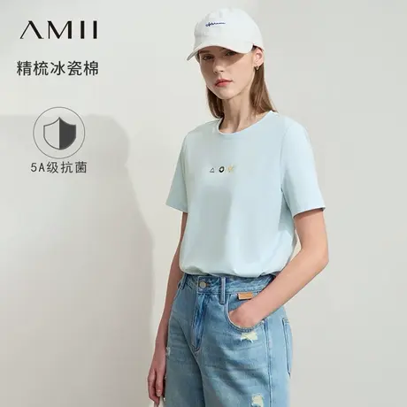 Amii2025夏新款休闲百搭圆领短袖几何装饰抗菌棉弹力T恤女上衣商品大图