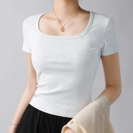 KV真维斯白色短袖t恤女2025新款爆款 修身正肩显瘦方领短款打底衣商品大图