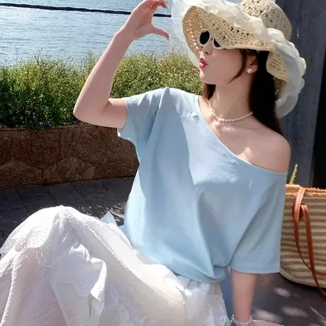 一字肩短袖t恤女夏季纯棉露肩宽松高级感超好看独特漂亮斜肩上衣商品大图