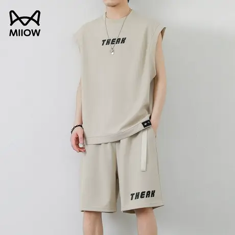 猫人华夫格休闲套装男夏季爸爸无袖坎肩背心宽松t恤运动五分短裤图片