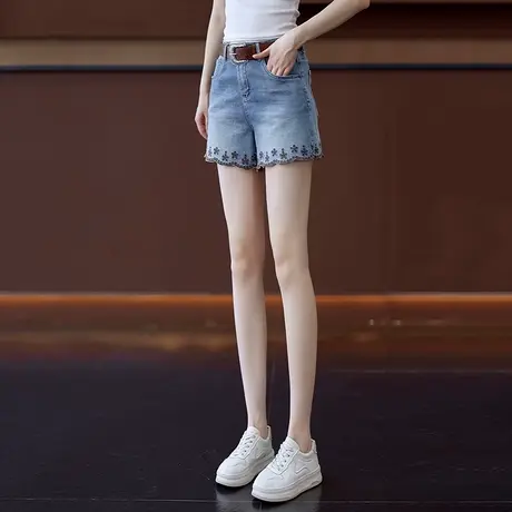 高腰A字刺绣牛仔短裤女国风天丝夏季透气阔腿裤显瘦轻薄三分裤商品大图