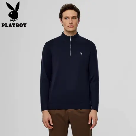 【高端羊毛】花花公子立领羊毛衫男黑色针织衫拉链半开衫毛衣春季商品大图