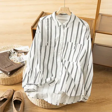 享永子条纹全棉衬衫宽松显瘦文艺复古通勤百搭上衣女2023春夏新款图片