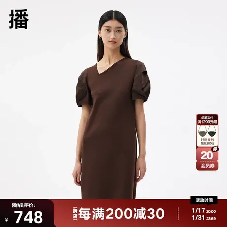 播连衣裙2023秋商场同款针梭织拼接灯笼袖个性斜V领女BDQ3LD0516商品大图